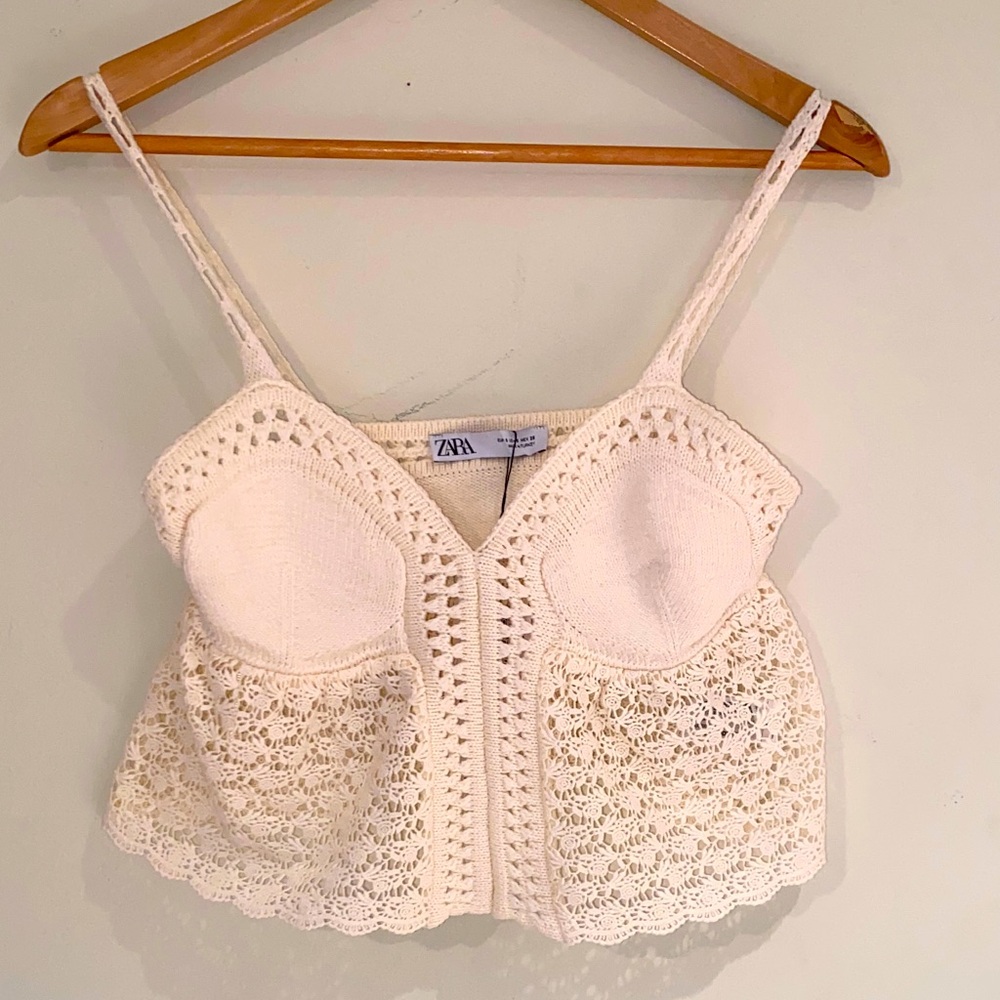 NWT Zara ivory cream cotton blend crochet strappy cropped tank Sz S